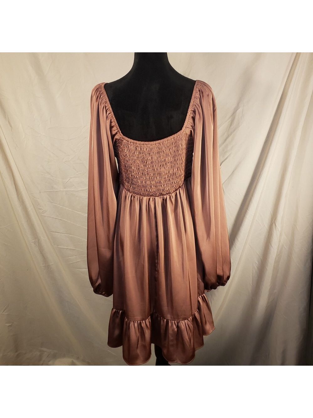 Mittoshop Satin Long-Sleeve Babydoll Dress in Rose Taupe - L - Picture 4 of 6